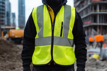 A worker stands confidently wearing a bright yellow reflective safety vest with black stripes at a bustling construction site