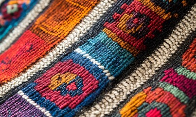 Poster - Close-Up of Woven Textile from Peru with Vibrant Colors and Geometric Patterns
