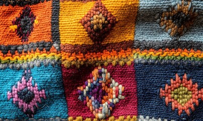 Poster - Close-Up of Woven Textile from Peru with Vibrant Colors and Geometric Patterns