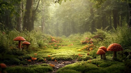 Wall Mural - Serene woodland scene with mushrooms and moss-covered ground, providing a blank area in the middle for your message.