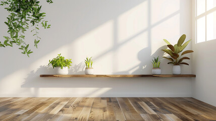 a modern minimalist room with a wood floor and white wall background