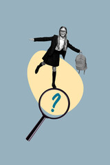 Wall Mural - Vertical photo collage of happy schoolgirl hold backpack balance magnifier glass question sign education isolated on painted background