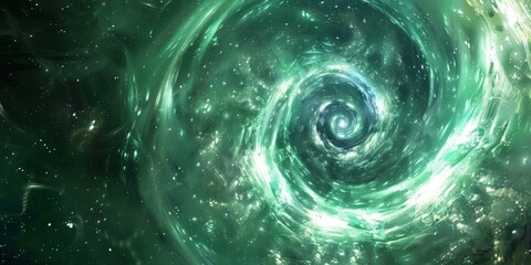 Discover a vibrant green vortex in a captivating cosmic setting, showcasing the wonders of deep space