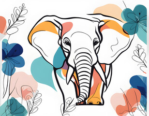 Wall Mural - colorful Abstract elephant with flowers by one line vector drawing. Portrait minimalistic style background