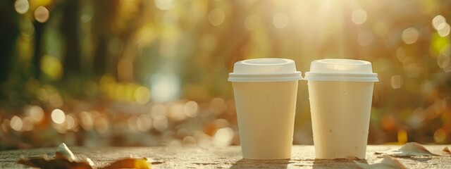  Two coffee cups on a wooden table, adjacent to a leafy green forest