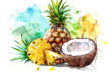 Poster - Tropical Delight. Fresh Pineapple and Coconut Ingredients. Watercolor Illustration on White Background