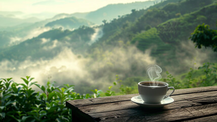 white hot green tea cup on the table in green mountain