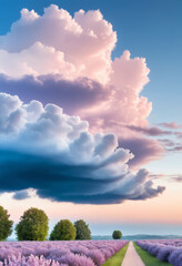 Wall Mural - rainy heavy cumulus clouds over the field of purple flowers