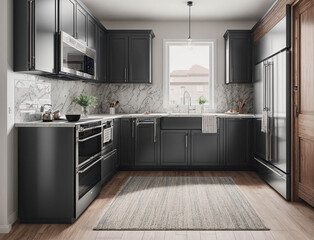 Wall Mural - A kitchen with a black countertop and white marble backsplash