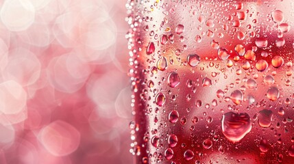 A close-up of a fruit soda with bubbles and droplets.