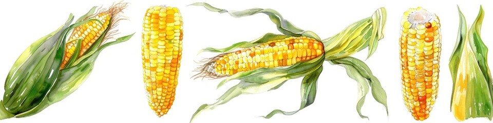 Poster - Vibrant Sweet Corn Illustration. Hand-painted Watercolor of Fresh Yellow Corn on White Background