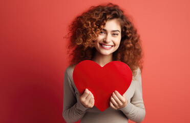 Sticker - Portrait of a beautiful woman with red lips, wavy hair holding a big heart cut out in her hands and smiling isolated on a plain bright background