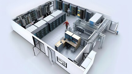 Wall Mural - A 3D model of a business data center with servers, network equipment, and IT professionals at work.