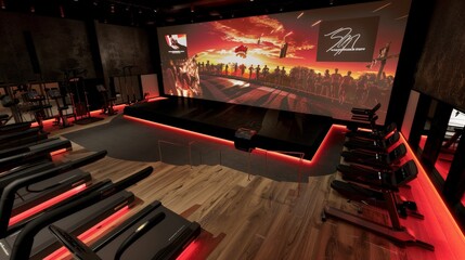 Sticker - A 3D model of a gym's cardio theatre, equipped with multiple treadmills and bikes facing a large screen for an immersive workout experience.