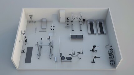 Poster - A 3D model of a minimalist gym design, focusing on essential equipment and a clean, uncluttered aesthetic.