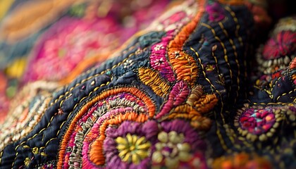 Poster - Detailed Shot of Traditional Indian Kantha Embroidery with Intricate Patterns