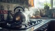 © 69 - Kettle boiling on a gas stove with steam filling the kitchen, creating a scene of domestic tranquility and warmth.