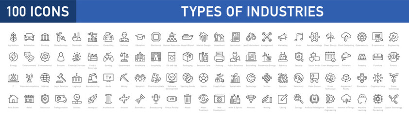 set of 100 types of industries icons. editable stroke. technology, finance, healthcare, automotive, 