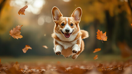 Wall Mural - Corgi Close Up Running Floating on Air Shoot AI Generative