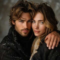 Stylish young couple embracing lovingly in studio with grey background, exuding romance and happin