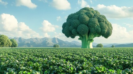 A surreal giant broccoli tree standing tall in a vast green field. This creative image blends nature and fantasy, offering a unique take on farming landscapes.