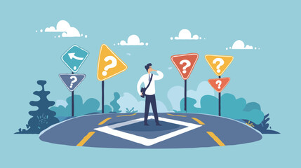 flat design BigBusiness decision making, career path, choose the right way to success concept, confusing businessman looking at multiple road sign with question 
