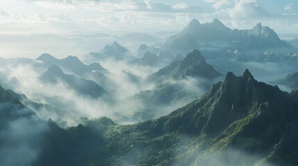 the mountains are covered in clouds and the sky is a light blue