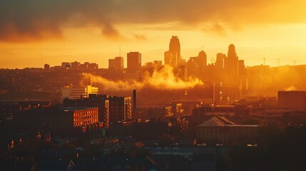 Sticker - A city at dawn, with the first light of day casting a golden hue over the buildings.