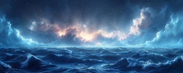 Wall Mural - Abstract moonlit ocean with stars in watercolor on white.