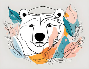 Wall Mural - colorful Abstract Polar Bear face with flowers by one line vector drawing. Portrait minimalistic style background