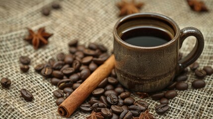 Sticker - A coffee cup surrounded by coffee beans and a cinnamon stick on a burlap surface.