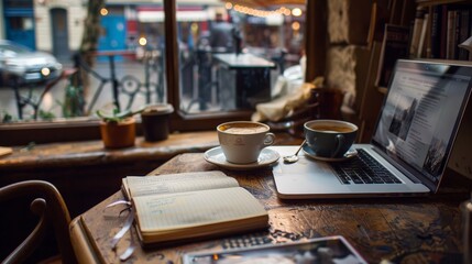 Sticker - A coffee shop table with a laptop, a notebook, and a cup of coffee, perfect for working or studying.