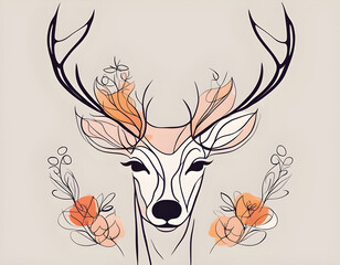 Wall Mural - Abstract deer face with flowers by one line vector drawing. Portrait minimalistic style background