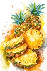 Sticker - Watercolor Pineapple Slices on White Background - Fresh Tropical Fruit Illustration