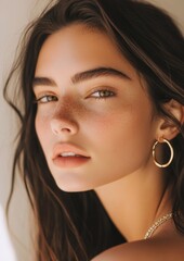 Wall Mural - A woman with green eyes and a tan complexion is wearing gold hoop earrings