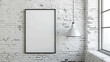 © sema_srinouljan - white blank poster frame mockup hanging on white brick wall.