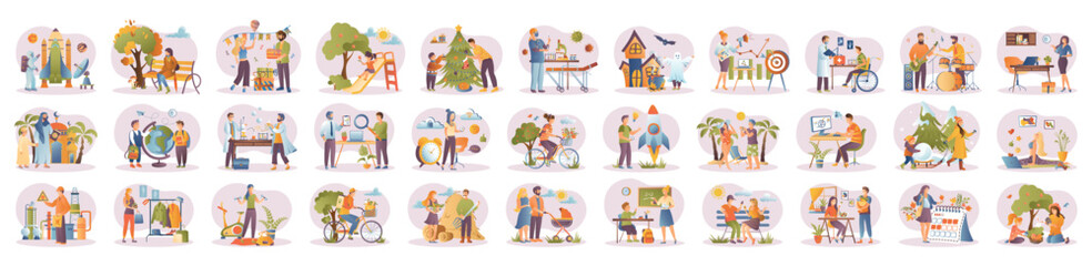 Wall Mural - mega set of gradient concepts with people scene in flat cartoon design. a massive collection of incr