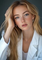 Wall Mural - A blonde woman with blue eyes and a necklace is posing for a photo