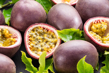 Wall Mural - Ripe passion fruits with passion fruit seeds .