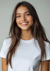 Wall Mural - A woman with long brown hair is smiling and wearing a white shirt