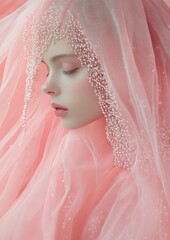 Wall Mural - A woman is wearing a pink veil with beads on it