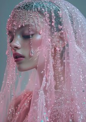 Wall Mural - A woman is wearing a pink veil with glitter and beads