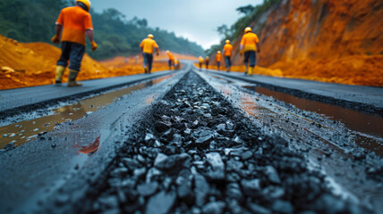 Wall Mural - Road construction supervision team Civil engineers work at road construction sites to supervise new road construction and inspect road construction sites.