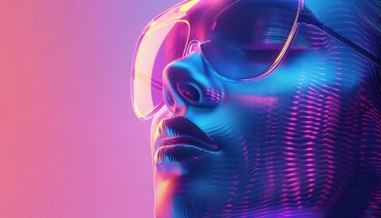 Aufkleber - A futuristic portrait showcasing a person in sunglasses with vibrant neon colors, capturing a blend of art and technology.