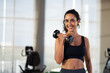 © NVB Stocker - portrait femal lifting dumbbells at gym. beautiful young hispanic woman wearing sporty fitness clothes doing exercise indoors at gym fitness sport club, body and health care