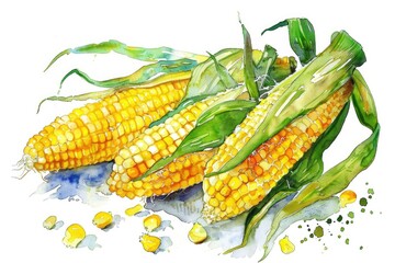 Wall Mural - Yellow Corn Farm Fresh Harvest. Hand-drawn Watercolor Illustration of Delicious Sweet Corn Cob with Popcorn on White Background