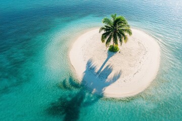 Wall Mural - A small, lush tropical island sits peacefully in turquoise waters, featuring a tall palm tree casting shadows on the sandy shore