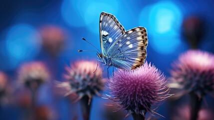 Sticker - Beautiful blue butterfly on golde and purple flower buds on a soft blurred blue background. 