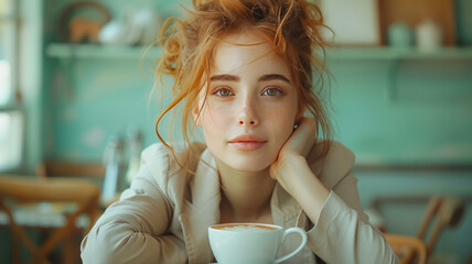 Wall Mural - Business woman relaxing, drinking coffee at table on green background.