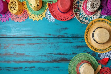 Colorful traditional decorations and various hats create a festive atmosphere for Cinco de Mayo, highlighting vibrant papel picado and cheerful tones